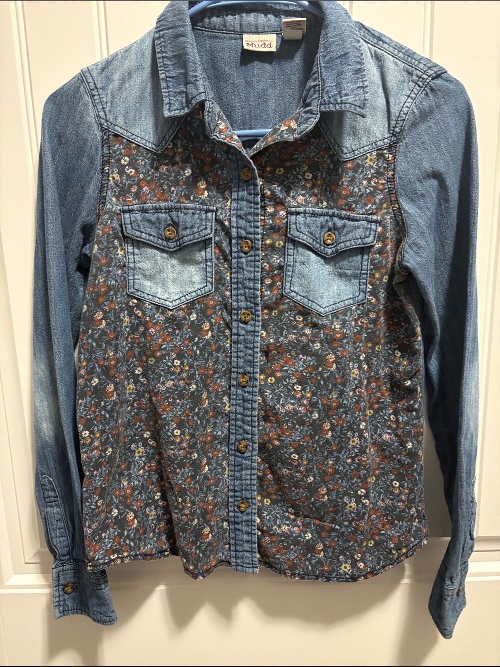 Mudd XS Denim Floral Button Front Shirt Western Boho